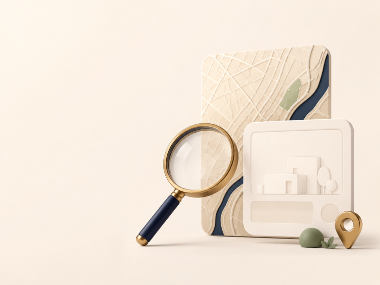 Property search map with magnifying glass - lifestyle visualization